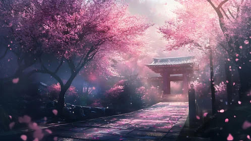 Gentle spring walkway glows beneath blooming cherry trees