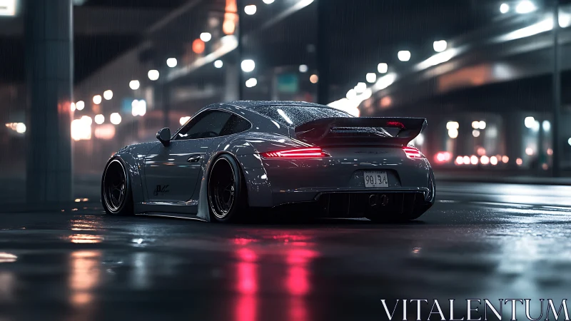 Modified sports coupe on wet city street at night in rain.