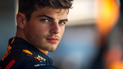 Male racing driver portrait in team uniform, side view.