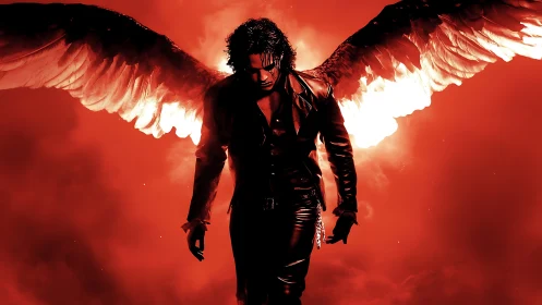 Dark-winged figure descends against saturated crimson backlight