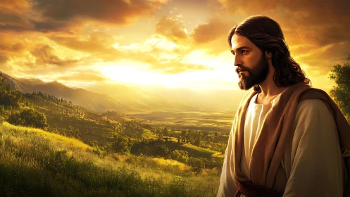 Messianic figure in sunlit valley with cinematic golden sky.