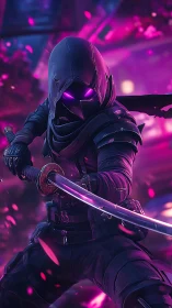 Neon hooded cyber ninja wielding glowing katana blade.