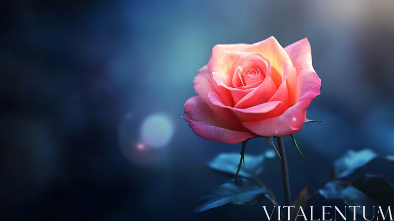 Vibrant pink rose blooming against twilight blue.