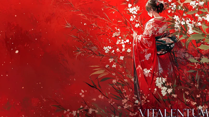 Geisha in crimson blossoms embraces vivid scarlet silence.