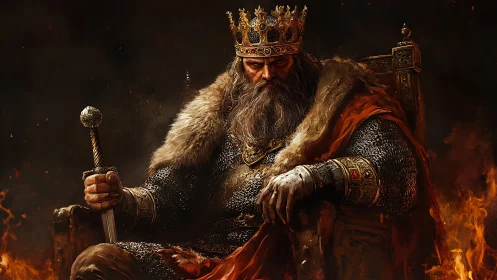 Warrior king on burning throne in dark fantasy court.
