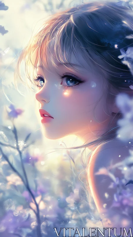 Softly lit anime girl among pale glowing flowers.