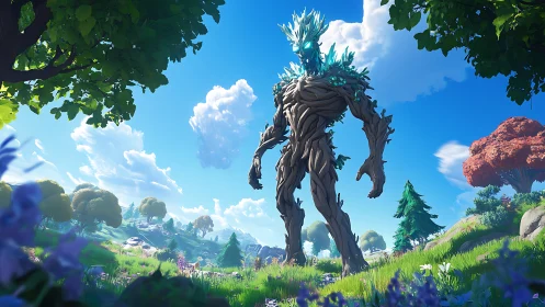 Forest colossus strides calmly beneath a candy-blue sky