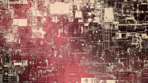Distressed magenta circuit schematic over abstract grunge field
