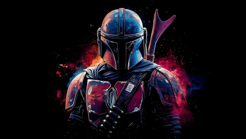 Armored sci‑fi warrior in chromatic splatter silhouette.