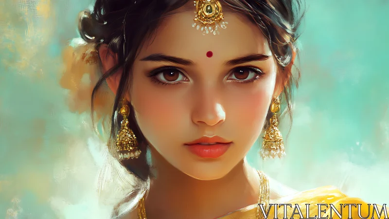 Digital portrait of woman with bindi and gold jewelry.
