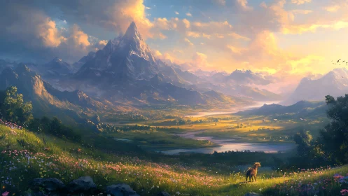 Sunlit alpine valley panorama with towering snowcapped peak