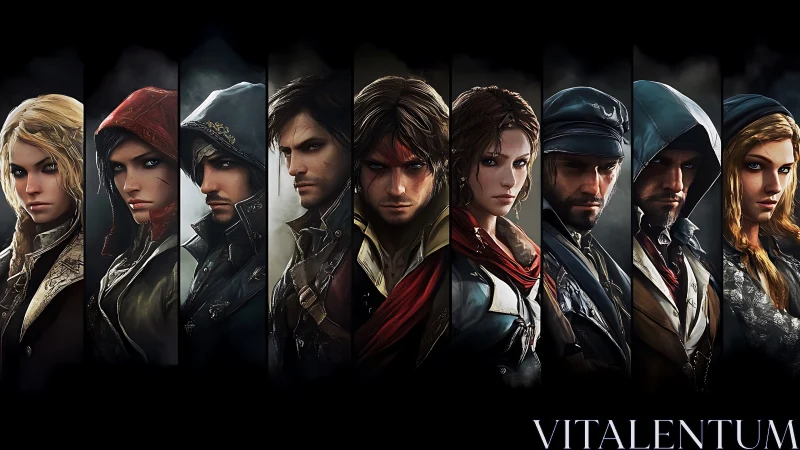 Nine hooded rogue portraits aligned in dramatic digital chiaroscuro