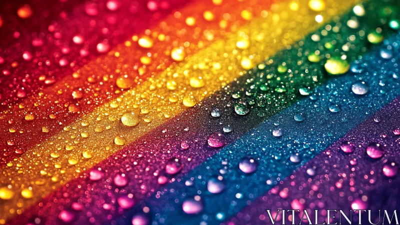 Macro water droplets on diagonal rainbow surface with specular highlights