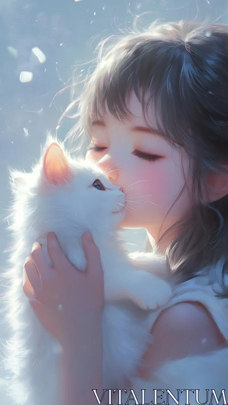 Soft morning embrace between girl and white kitten artwork.