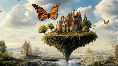 Skyborne castle isle under monarch-bright daydream skies.