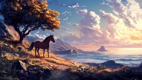 Solitary horse on coastal cliff at vivid sunset seascape.