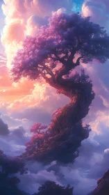 Vertical fantasy tree rising through iridescent cloud strata.