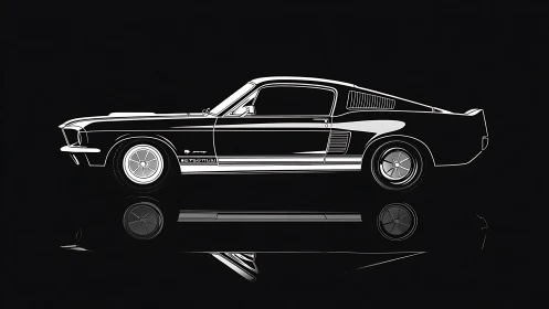 Midnight muscle car silhouette cruises on mirror-black road