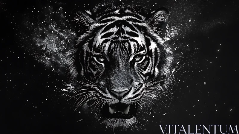 Monochrome tiger portrait with dynamic splatter dispersion effect.