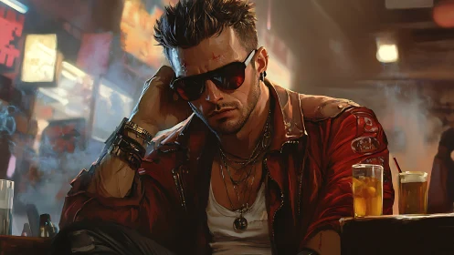 Man in red jacket sits at bar counter with drinks