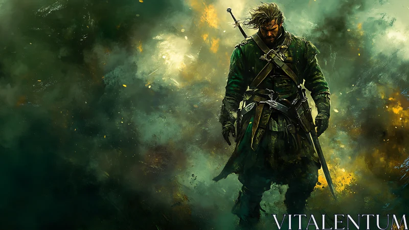 Battle-worn ranger strides through a storm of green fire