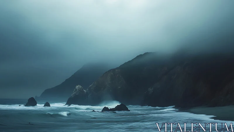 Moody fogbound coastline with dark cliffs and cold surf.