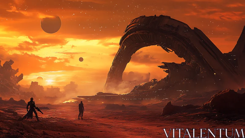 Arid exoplanet landscape frames colossal derelict orbital ring