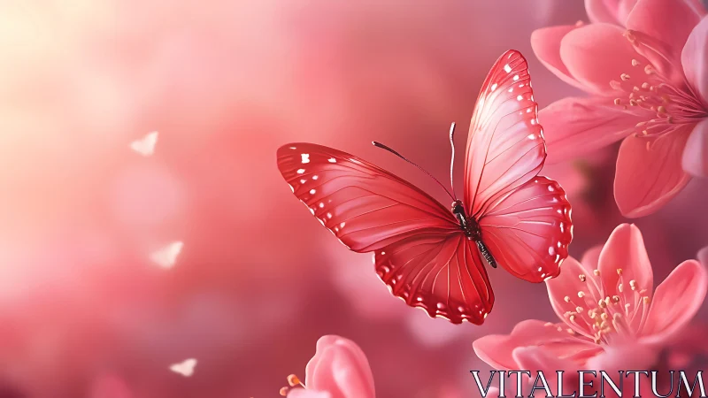 Graceful pink butterfly drifting through soft spring blooms.