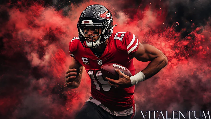 Dynamic football quarterback sprints through fiery red clouds.