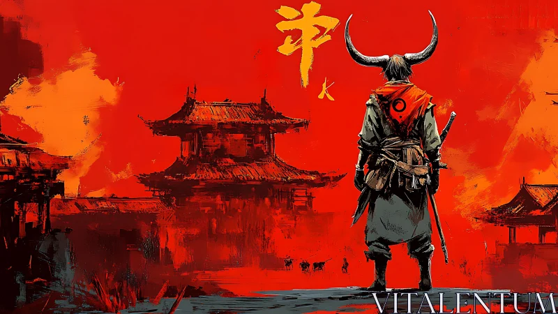 Horned warrior stands before stylized red samurai cityscape