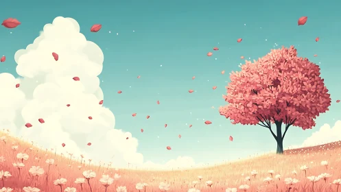 Soft breeze over a rosy hill and lone dreaming tree.