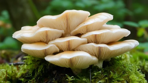 Cluster of pale gilled mushrooms growing on forest moss.