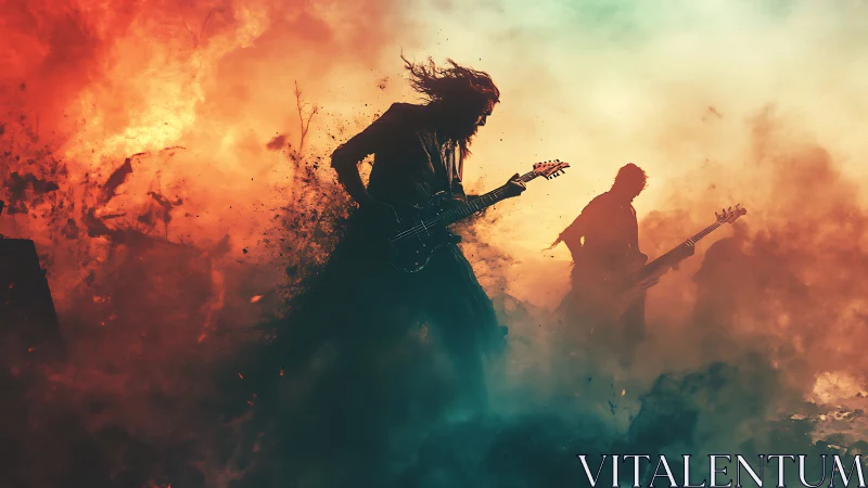 Rock guitarists stand in fiery smoke with dramatic lighting