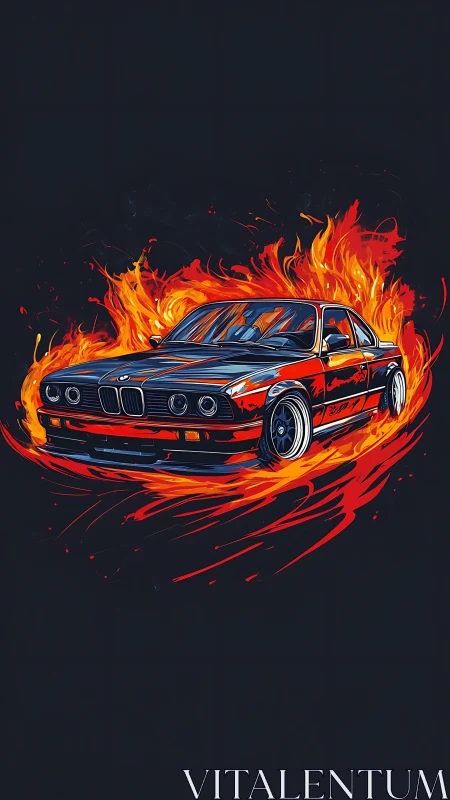 Stylized red sports sedan drifts through stylized flames on black