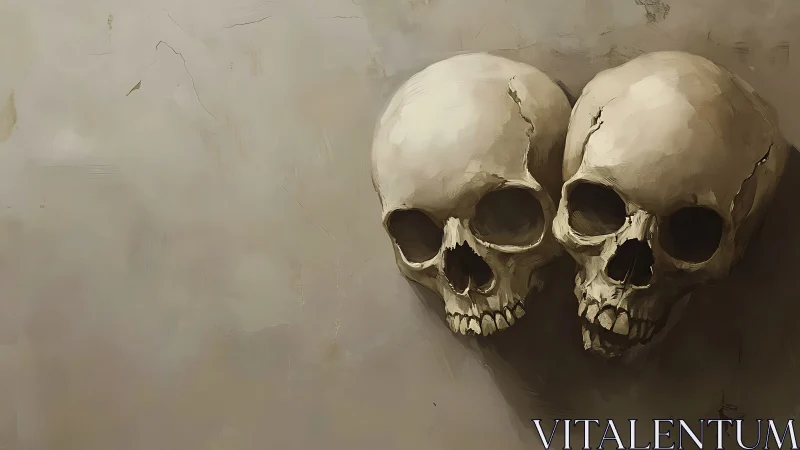 Twin human skulls rest against a neutral textured wall