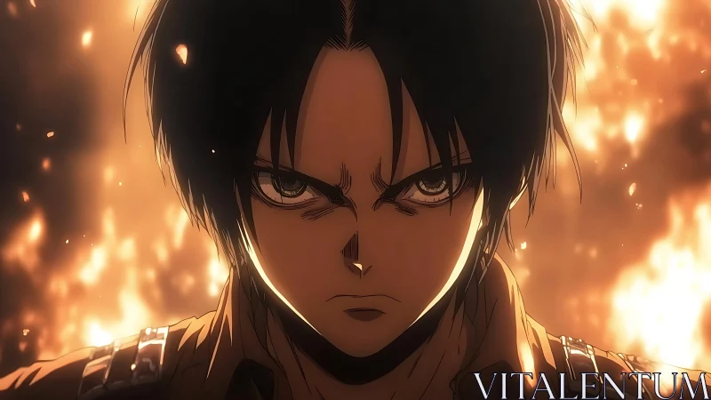 Anime soldier portrait against intense fire background.