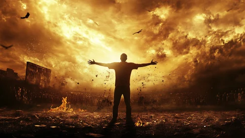 Silhouetted figure stands before intense fiery sky