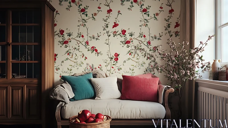 Floral sofa nook with patterned wall and soft cushions.