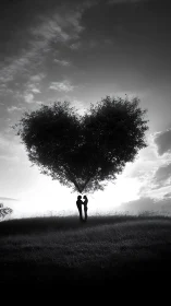 Heart-shaped tree with figures in monochrome landscape.