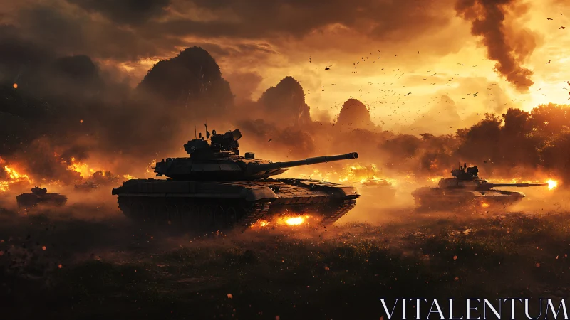 Sunset-lit battle tanks rolling through a fiery valley.