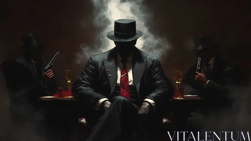 Three armed men sit at a smoky table in dark surroundings