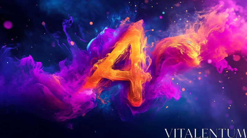 Luminous letter A formed in neon smoke on cosmic gradient.