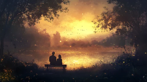Two Figures on Bench Overlooking Luminous Lake at Dusk.