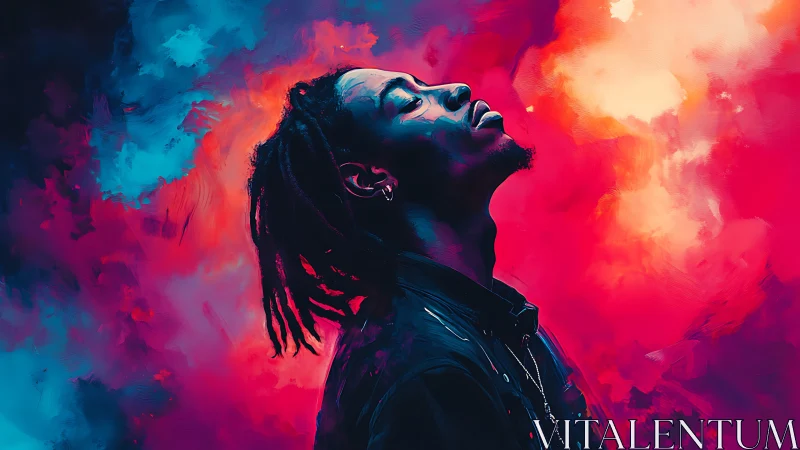 Portrait of man in neon clouds suggests introspective calm