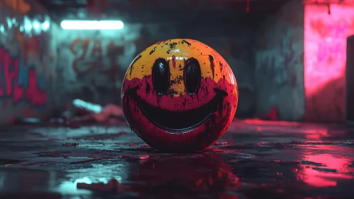 Grinning graffiti sphere gleams in neon soaked underpass gloom.
