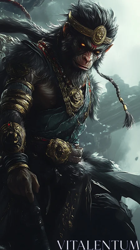 Armored simian warrior with staff in stormy landscape.
