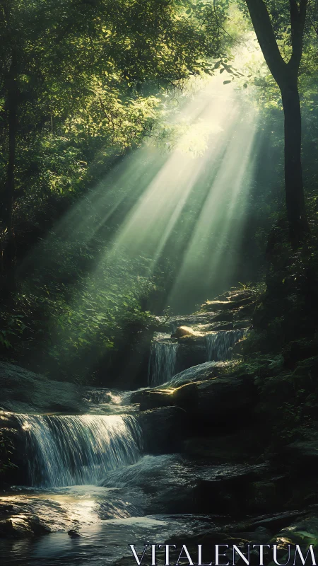 Crepuscular sunbeams over tiered forest cascade stream