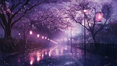 Rainy sakura street glows in violet lantern light at night