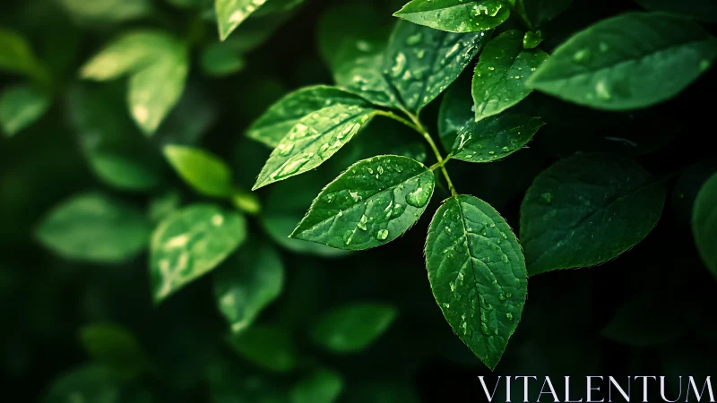 Rain-kissed green leaves glow softly against deep shadow