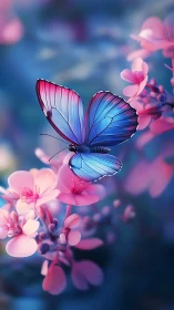 Blue butterfly over pink blossoms in soft bokeh garden.